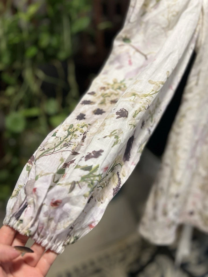 Zimmermann Linen Floral Lace-Up Back Dress – Romantic Puff Sleeve Midi, - Image 3 of 4