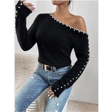 Cupshe Women  s Black Knit Pullover Sweater One-Shoulder Long Sleeve Pearl Trim S