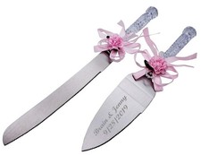 GIFTS INFINITY Wedding Cake Knife Server Free Engraving, Pink Flower Set