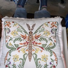 Throw Pillow Embroidered Butterfly Flowers 15x15 Inch Summer Spring Cottagecore