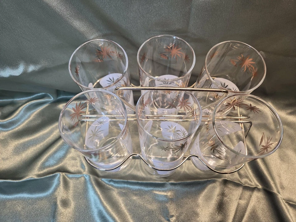 MCM Bartlett-Collins Capri Tumblers w/ Caddy.  Atomic Starburst Pattern Set of 6 - Image 2 of 4