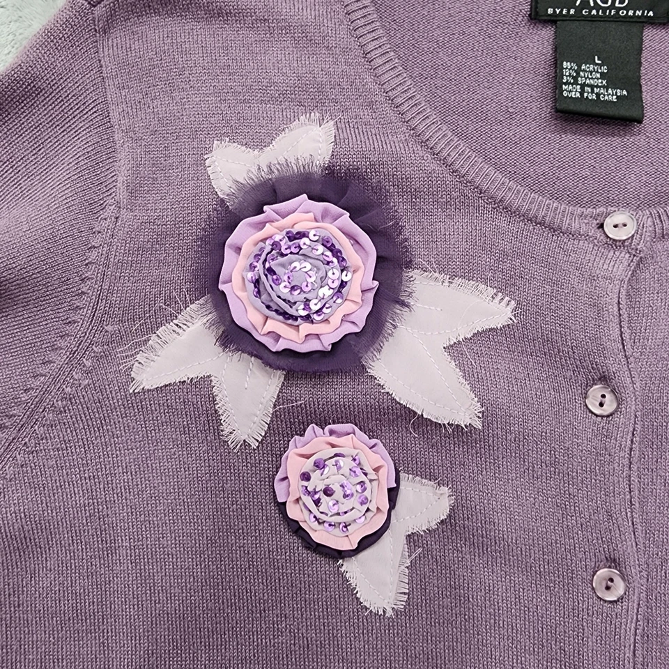 Cárdigan suéter vintage AGB Byer California para mujer L púrpura cuello redondo manga 3/4 Foto 2 de 4