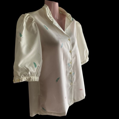 Vtg 70s Ship n Shore Blouse Womens Sz 14 White Leaves Button Cuffs Summer Cool - Picture 4 of 8