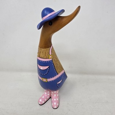 DCUK Gardener Duckling Spotty Pink Wellies Natural Bamboo Wood Carved Duck 9 in
