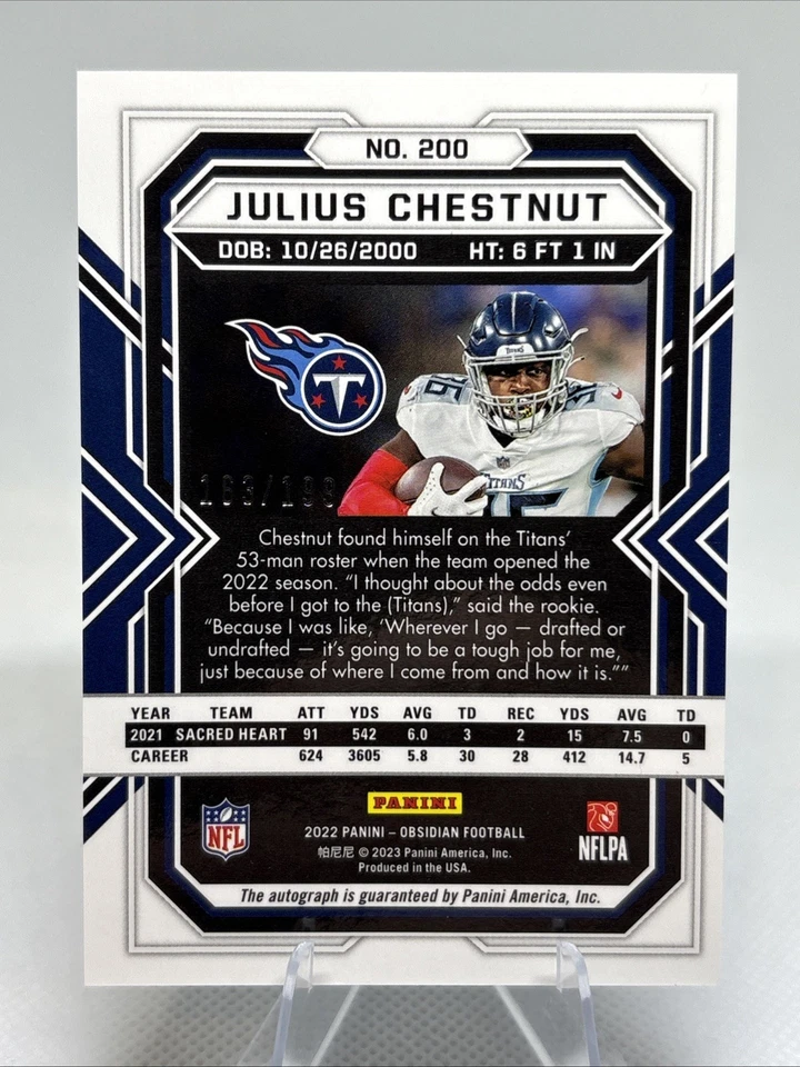 2022 Panini Obsidian Julius Chestnut Rookie Autograph RC /199 Titans #200 - Image 2 of 3