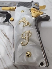 1911 Colt Gold Horse Plated Pearl  "P"  CZ Stones  Engraved grips 45 38 super  