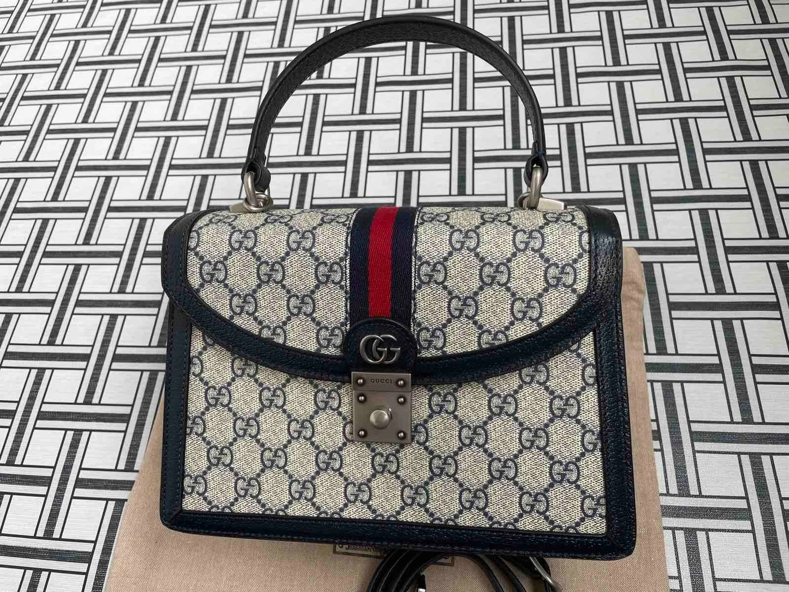 Gucci Ophidia borsa media manico superiore pelle blu GG Supreme tela autentica
