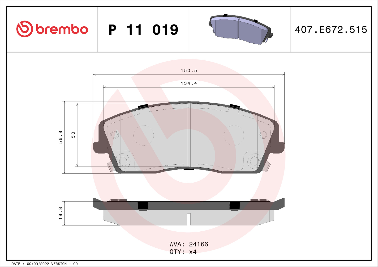 Front BREMBO P 11 019 Brake Pad Set, disc brake for CHRYSLER,DODGE,LANCIA