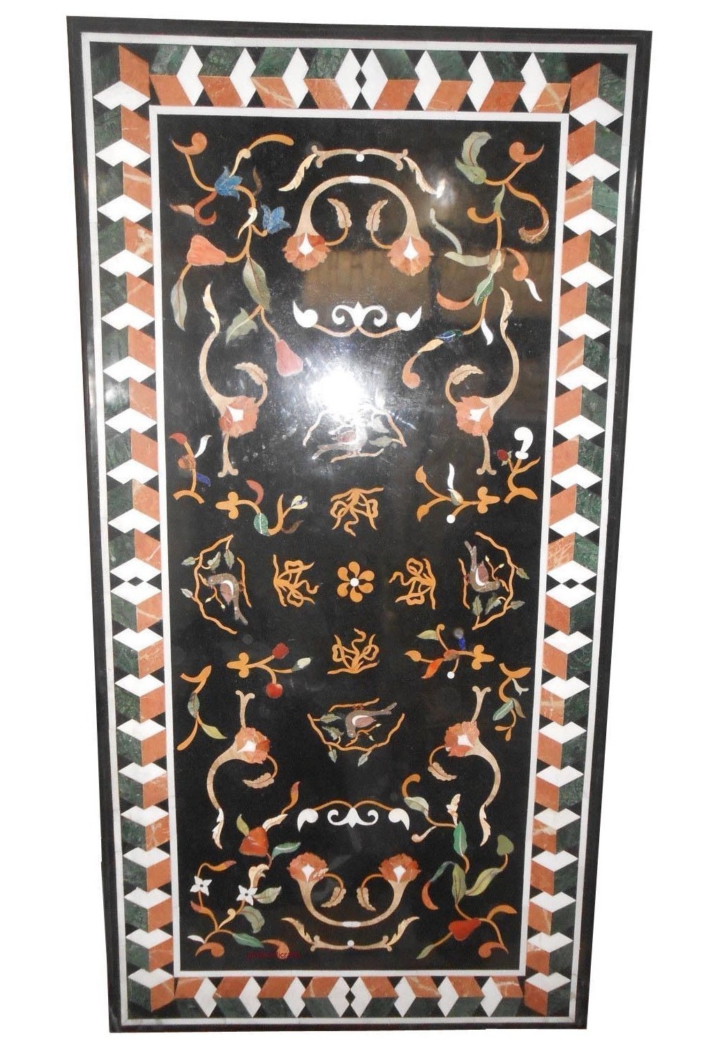 48-Inch Black Marble Dining Table with Pietra Dura Inlay Design