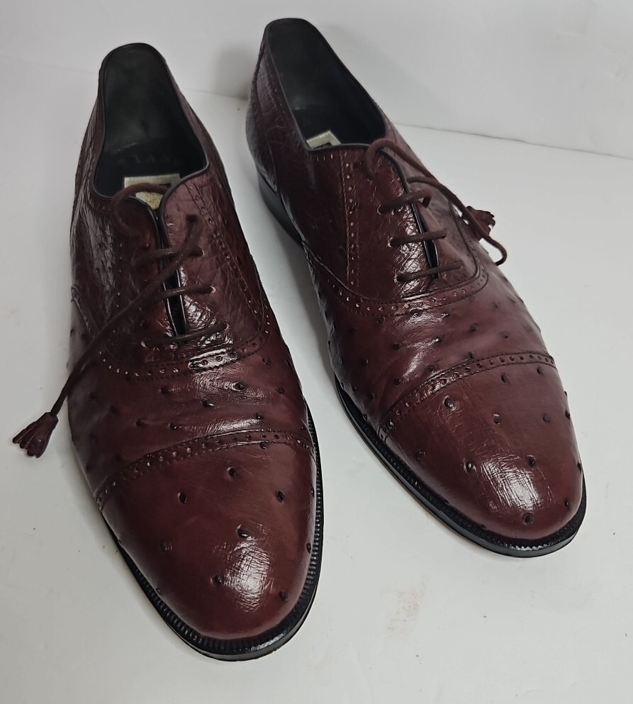 David Eden Exotic Ostrich Dress Shoes Men's 11 Burgundy Wingtip Oxfords