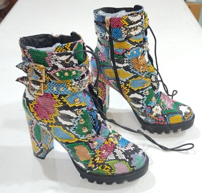Pazzle Women's Multi Color Faux Leather Zip/Tie/Buckle Platform Heel Boot Size 9