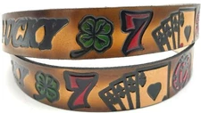 LUCKY 7 CARDS DICE 4 LEAF CLOVER EMBOSSED GENUINE COWHIDE LEATHER BELT USA MADE