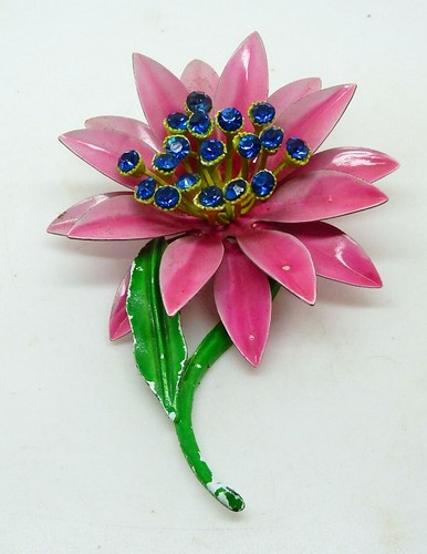 Lovely 3 1/2" Vintage Blue Rhinestone & Pink Metal Flower Brooch