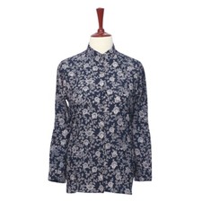 Womens Silky Chiffon Shirt Blue Beige Floral Blouse Button Up Dressy Top Medium