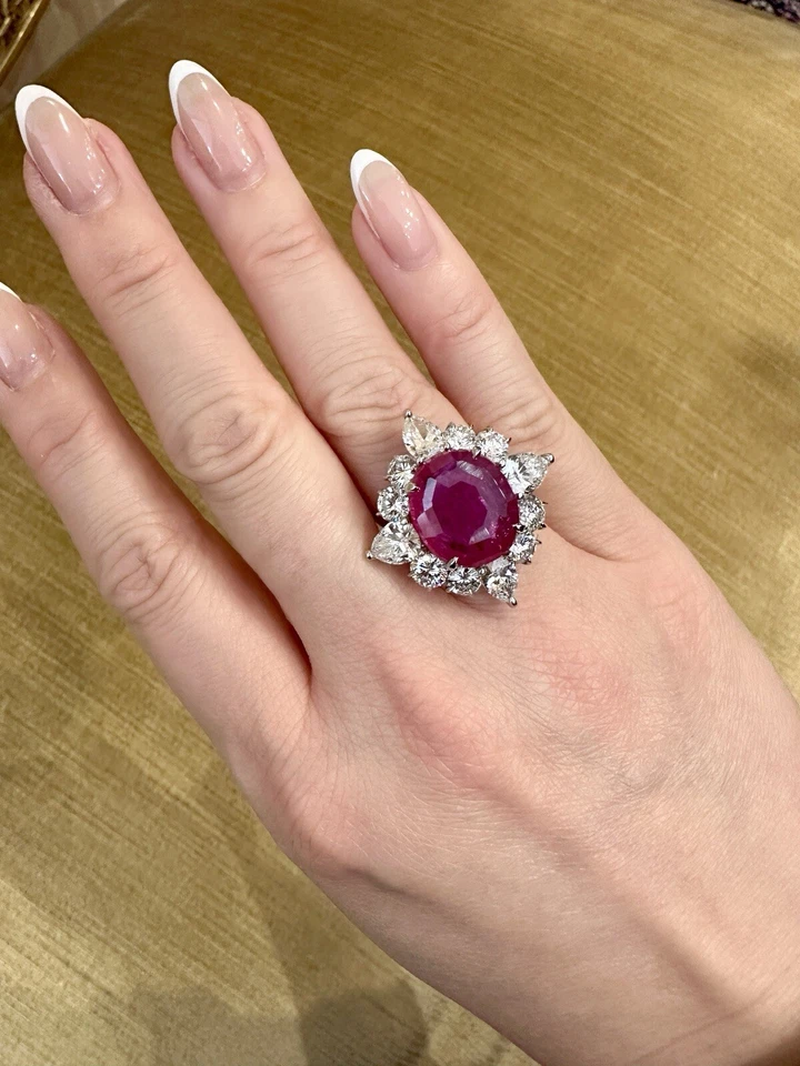 AGL 9.34 ct Unheated Burma Ruby and Diamond Ring in Platinum -HM2500