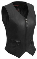 True Element Womens Short Fitted Motorcycle Leather Vest With Side Stretch Panel