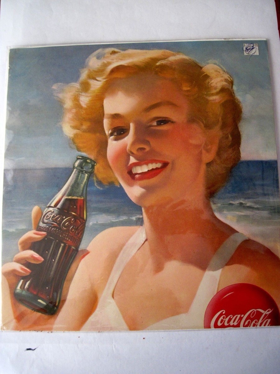 Striking 1940-50's Advertising Poster for Coca-Cola w/ Bathing