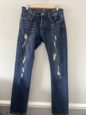 Engineered To Order Jeans 32R Herren Blau Hose Distressed Ripped Texas Slim