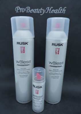 RUSK W8LESS Hairspray Strong Hold 10 oz with travel size 1.5  3 bottles