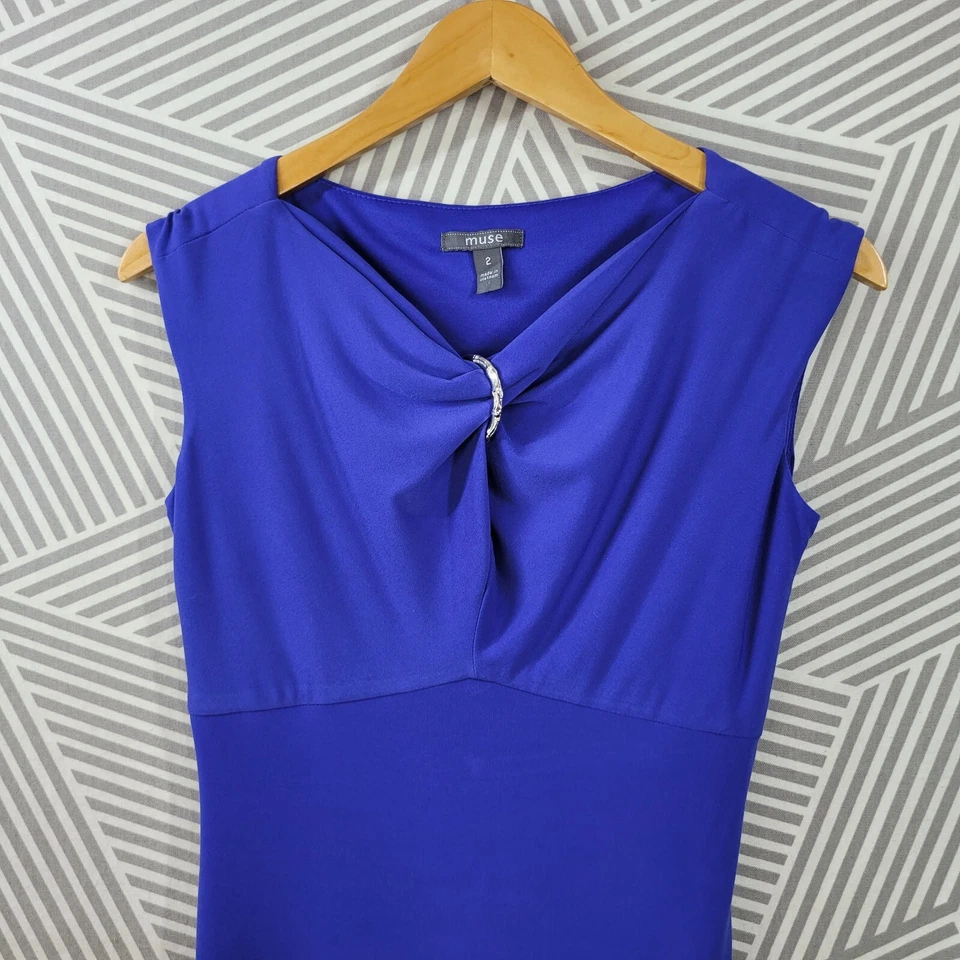 Muse Dress size 2 Stretch Sheath blue party Ruched top cocktail knee length  - Image 3 of 4