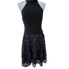 Xscape Sz. 12 Halter A Line Dress Black Mesh Trim Flowers Fit and Flare $238.00