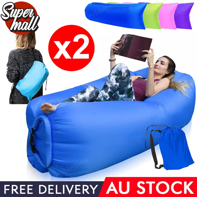 2x Fast Inflatable Lazy Lounge Camping Air Bag Sofa Bed Hangout Beach Sleeping