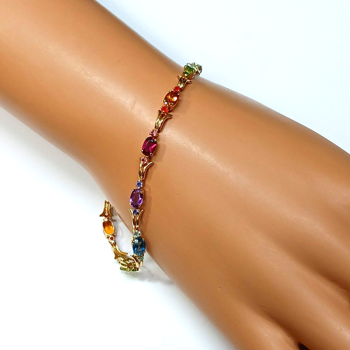 14K Yellow Gold Tennis Bracelet Rainbow of Gemstones 7.25 inch 5.4 gm J47261 - Picture 2 of 12