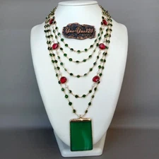 5 Strands 18'' White Pearl Green Crystal Chain Necklace Green Agate Pendant