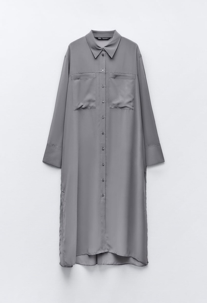 Zara shirt dress long tunic top grey mole chiffon sheer glamorous L 12 14 16