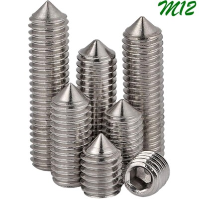 M12 - 1.75 A2 Stainless Steel Cone Point Grub Screws Allen Hex Socket Set Screws