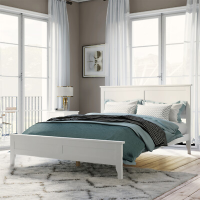 Full/Queen/King Size Bed Frame Wood Platform Bed w/ Wooden Headboard White