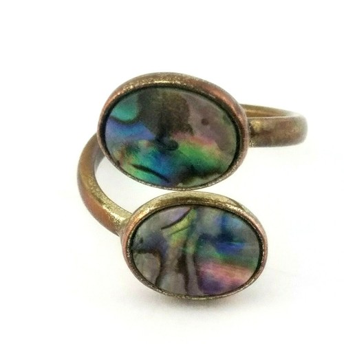 Vtg ABALONE SHELL and COPPER Ring Dual Oval Stone sz 6.5 Adjustable RARE * - Picture 4 of 5