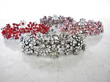 Large silver leaves flowers pink red mauve crystal hair barrette bridal clip