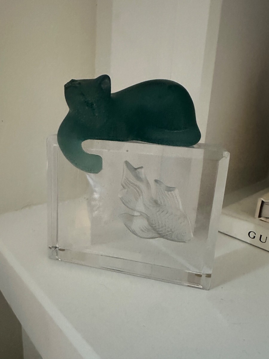 Daum Pate De Verre Glass Cat and Fish Sculpture - Slight