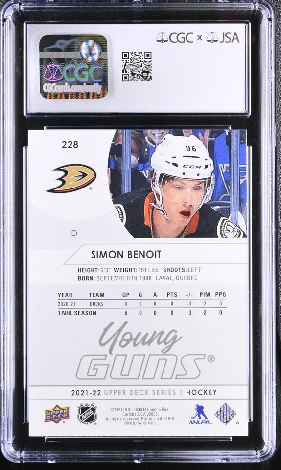 2021-22 UPPER DECK YOUNG GUNS #228 SIMON BENOIT SIGNED ROOKIE CARD CGC JSA 9/9 - Image 2 of 2