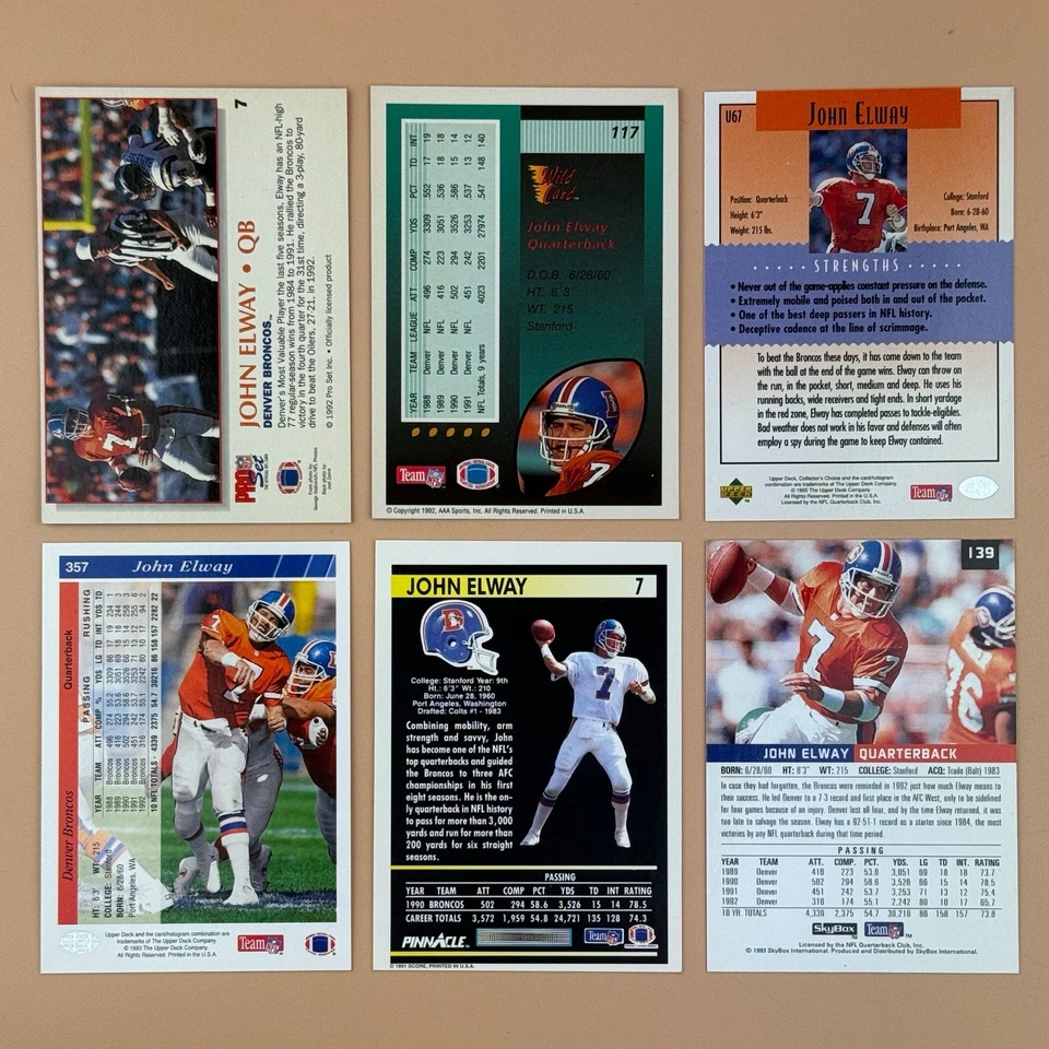 Lote de tarjetas de fútbol americano John Elway Broncos (6) conjunto profesional años 90 SkyBox Pinnacle cubierta superior Foto 2 de 2