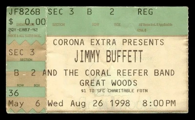 Jimmy Buffett Coral Reefer Band 1998 Aug 26 Ticket Mansfield Great Woods *TS92 - Image 1 of 2