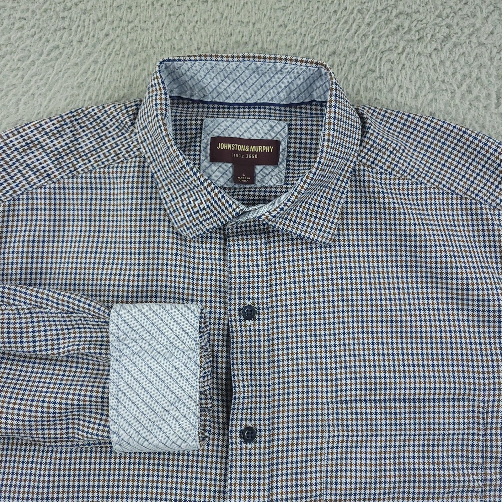 Johnston & Murphy Shirt Mens Large Blue Check Long Sleeve Button Front Cotton