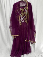 Embellished Anarkali Style Gown Purple Net Dress w/ Dupatta Gold SilverBeads 14  