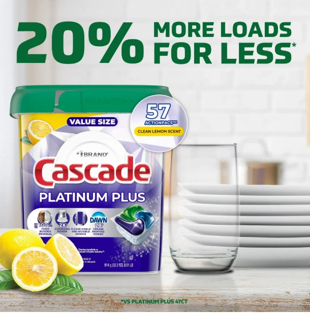 Vainas para lavavajillas Cascade Platinum Plus, detergente para lavavajillas, limón, 57 unidades Foto 3 de 4