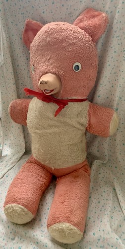 Vintage Teddy Bear Plush Rubber Nose 27” Pink Off White Flaws 50/60s Era TLC - Picture 3 of 16