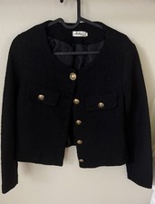 Tweed Cropped Jacket Black Gold Button Cardigan Coat  
