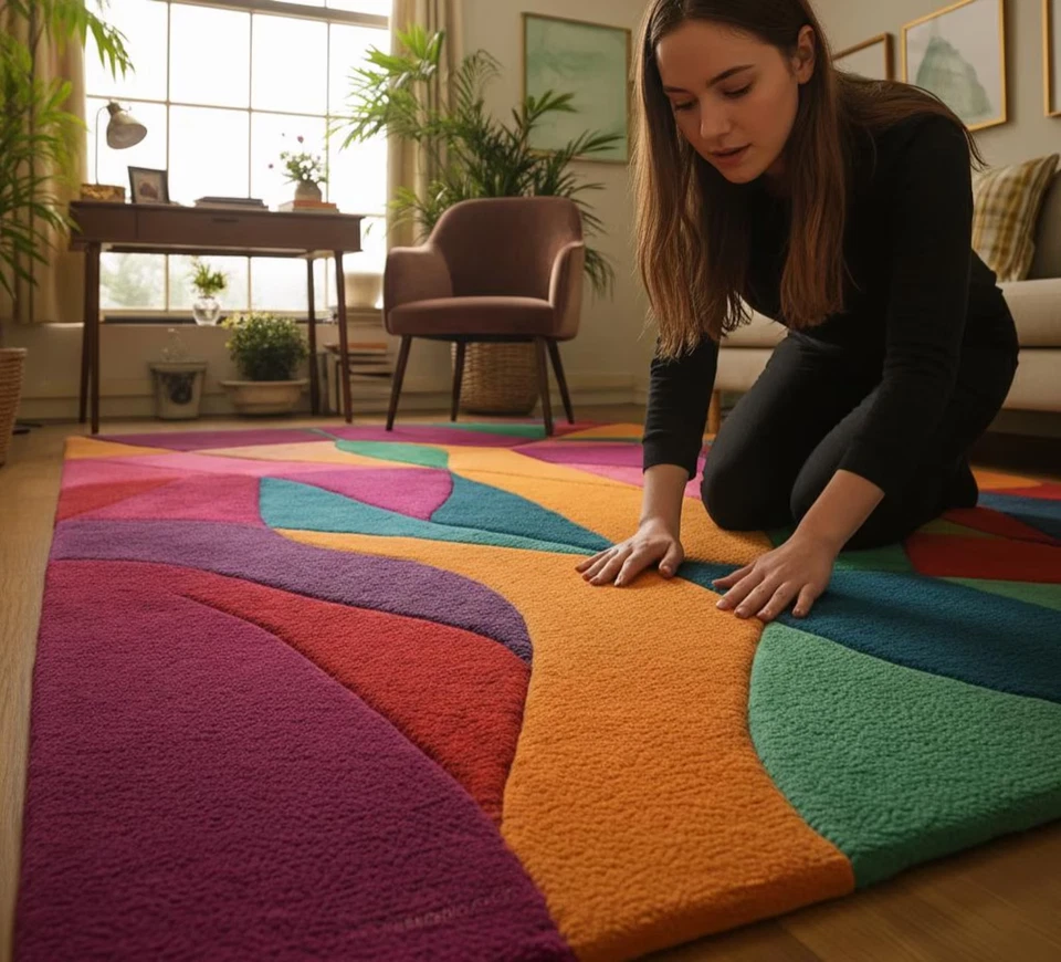 Moderner abstrakter mehrfarbiger handgetufteter Wollteppich - lebendiges geom... - Bild 4 von 4