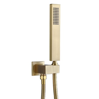 Square Brushed Gold Solid Brass Hand Held Shower Head With Wall Connector and...
