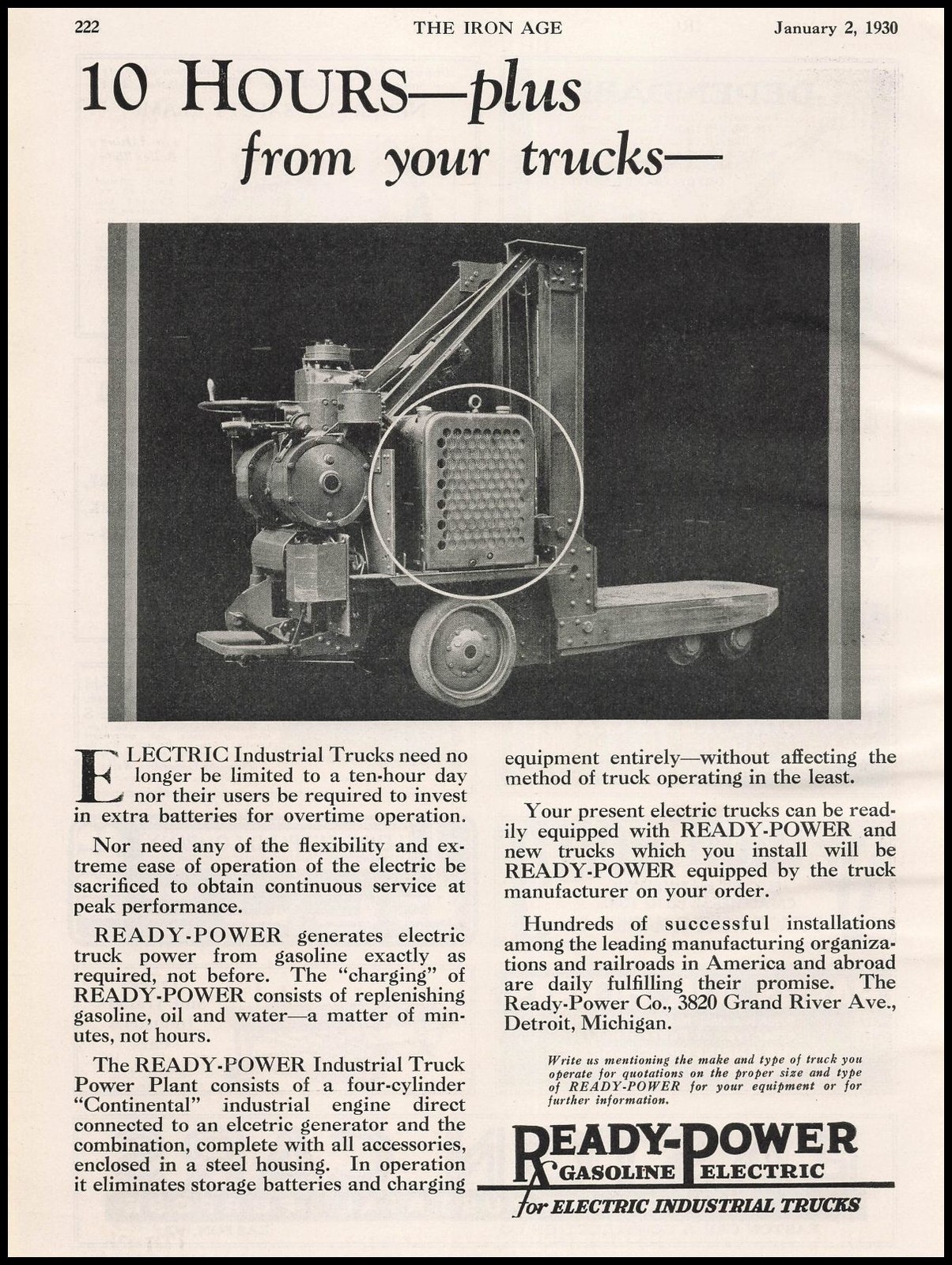 1930 Ready Power Co. Detroit Gas & Electric Industrial Trucks Vintage Print Ad