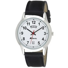Men's Classic Round Day Date Watch Black Dial Silver Case Faux Leather Easy-Read