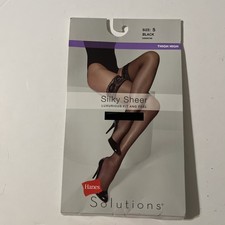 Hanes Solutions Silky Sheer Thigh High Hosiery Size Small /Barely Black NIP Lace