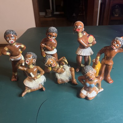 Vintage Ucagco African Native Figurines Japan Playing instruments Hula Dancer7pc