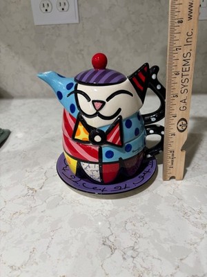 Romero Britto Giftcraft Teapot 2009 Colorful Abstract Art Cat Kitten #14072 Rare