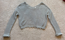 Distressed Oversized V Neck Off the Shoulder Cropped Sweater, Green/Teal, Size M